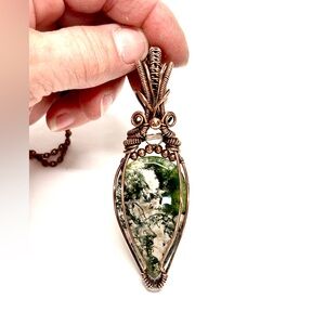 HANDMADE MOSS Agate & Clear Quartz Hand Wrapped Copper Statement Necklace, Gift